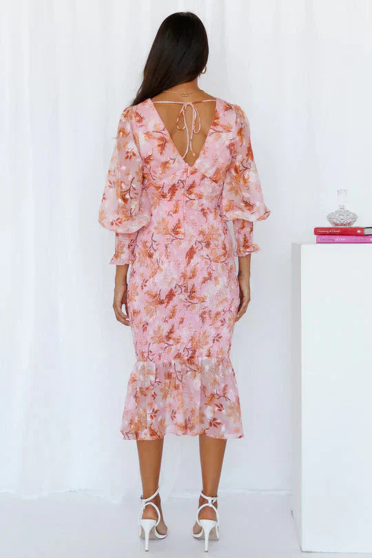 Midi Dress - V-Neck - Floral - Cocktail Dress - Long Sleeve Dress-Fashion Nora