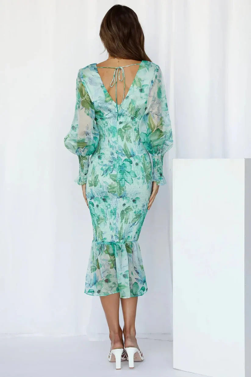 Midi Dress - V-Neck - Floral - Cocktail Dress - Long Sleeve Dress-Fashion Nora