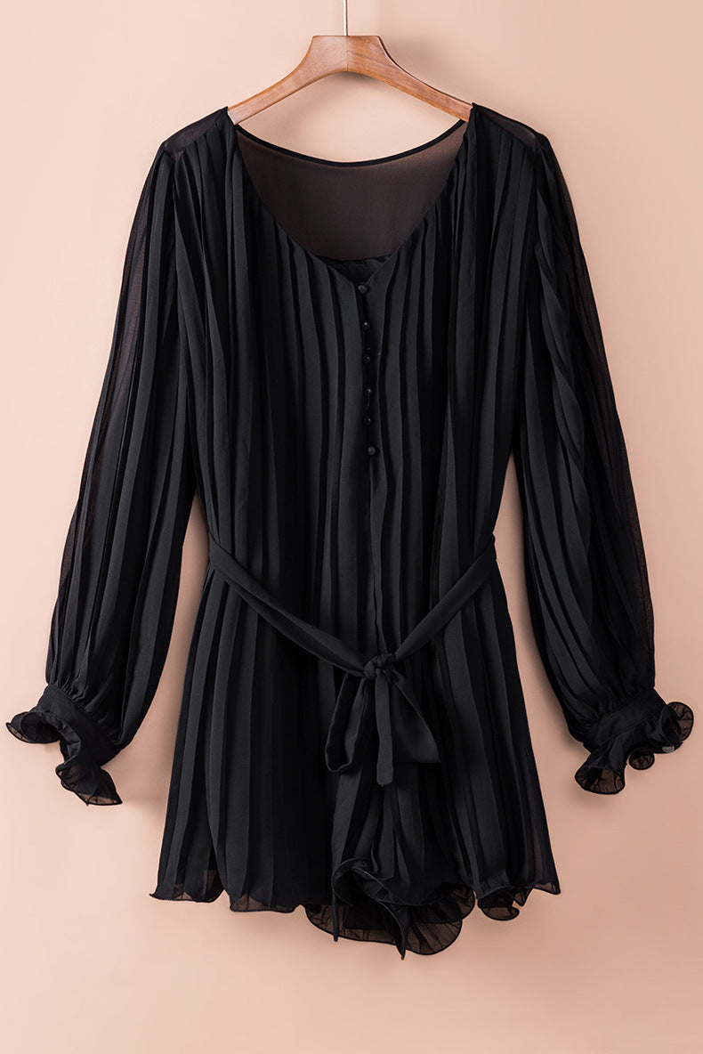 Mini Dress - Long Sleeve - Pleated - Ruffle Mini Dress - Playsuit -Fashion Nora