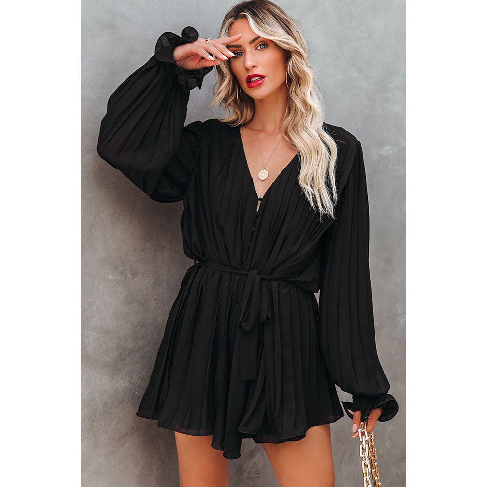 Mini Dress - Long Sleeve - Pleated - Ruffle Mini Dress - Playsuit -Fashion Nora