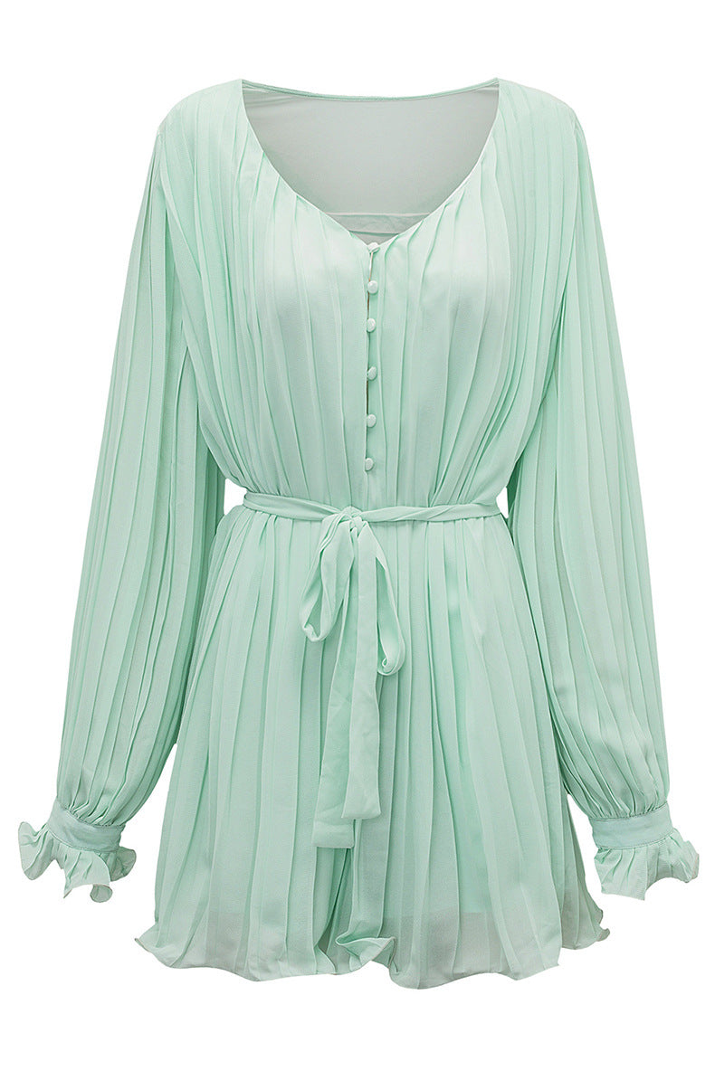 Mini Dress - Long Sleeve - Pleated - Ruffle Mini Dress - Playsuit -Fashion Nora