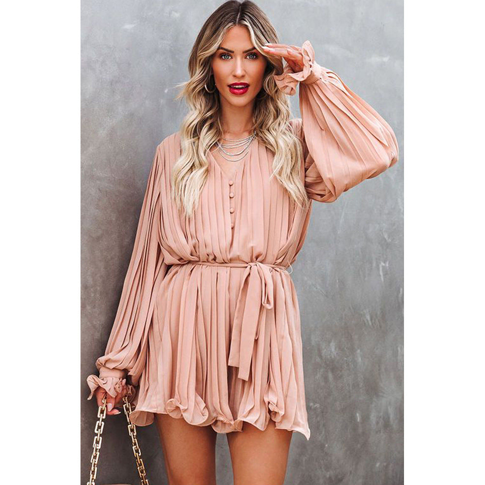 Mini Dress - Long Sleeve - Pleated - Ruffle Mini Dress - Playsuit -Fashion Nora