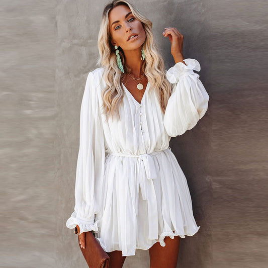 Mini Dress - Long Sleeve - Pleated - Ruffle Mini Dress - Playsuit -Fashion Nora