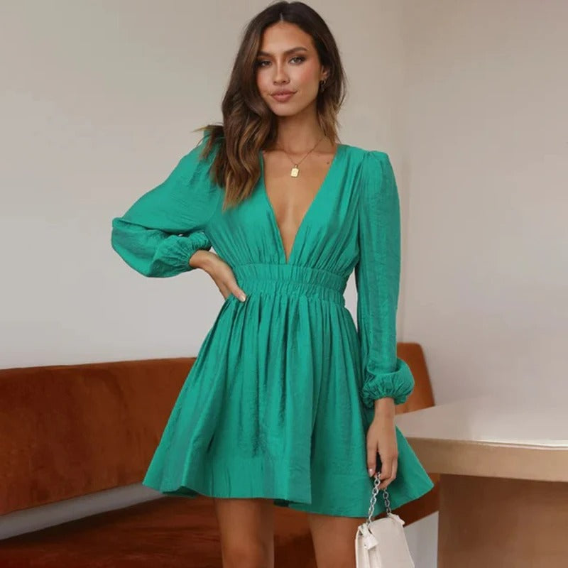 Mini Dress - Women's V-Neck Long Sleeve Summer Dress-Fashion Nora