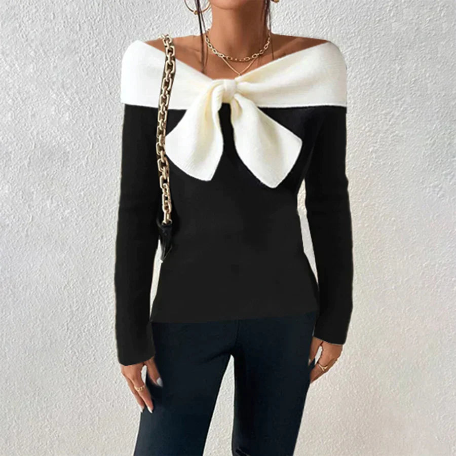 Off the Shoulder Jumper - Black and White - Bow - Knitted Sweater - Women's Clothing-Fashion Nora