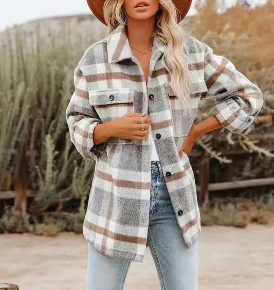 Overshirt - Women's Plaid Button Up Oversized Jacket-Fashion Nora