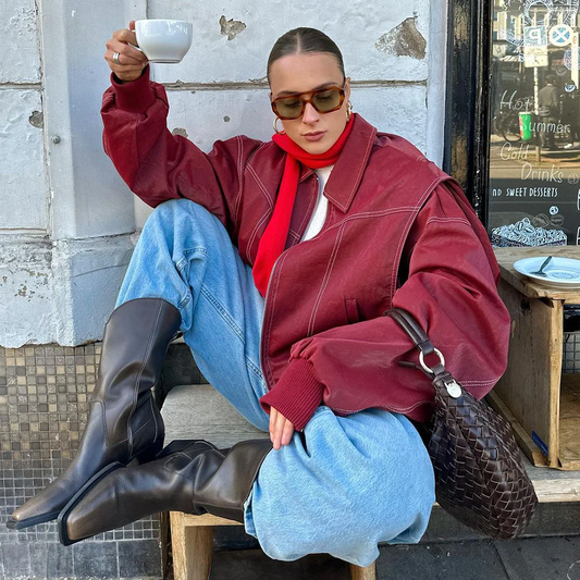 Oversized Bomber Jacket - Women's Red Faux Leather Bomber Jacket-Fashion Nora