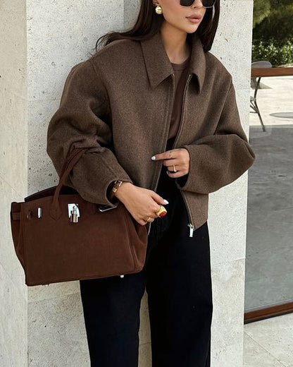 Oversized Jacket | Brown | Zip-Up | Autumn Jacket | Women's Jacket-Fashion Nora