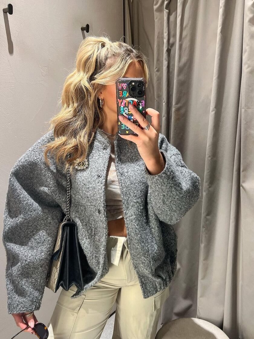 Oversized Jacket | Gray | Woolen | Bomber Jacket | Women's Jacket-Fashion Nora