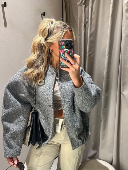 Oversized Jacket | Gray | Woolen | Bomber Jacket | Women's Jacket-Fashion Nora