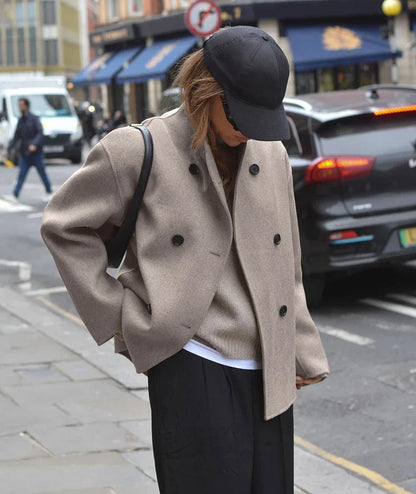 Oversized Jacket - Short - Double Breasted - Woolen Jacket - Women's Jacket-Fashion Nora