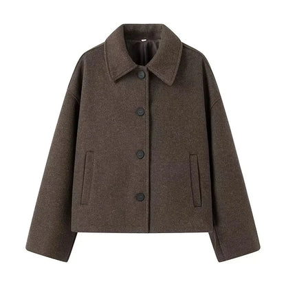 Oversized Jacket | Single Breasted | Brown | Short Wool Jacket | Women's Jacket-Fashion Nora