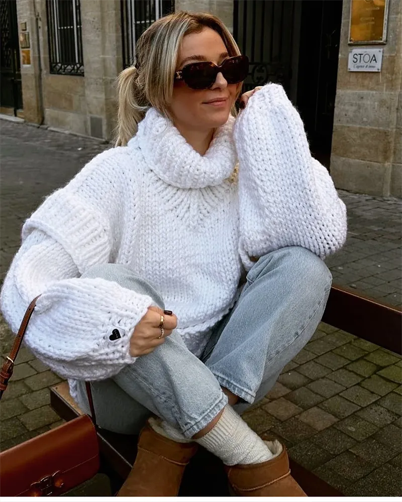 Oversized Sweater - Women's Chunky Knitted Turtleneck Pullover Sweater-Fashion Nora