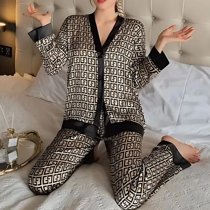 Pajama Set - Silky - Long Sleeve - Satin Pajama Set - Women's Sleepwear-Fashion Nora