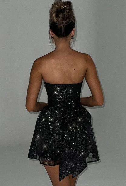 Party Dress - Strapless Back Tie Mini Sparkly Gold Glitter Dress-Fashion Nora