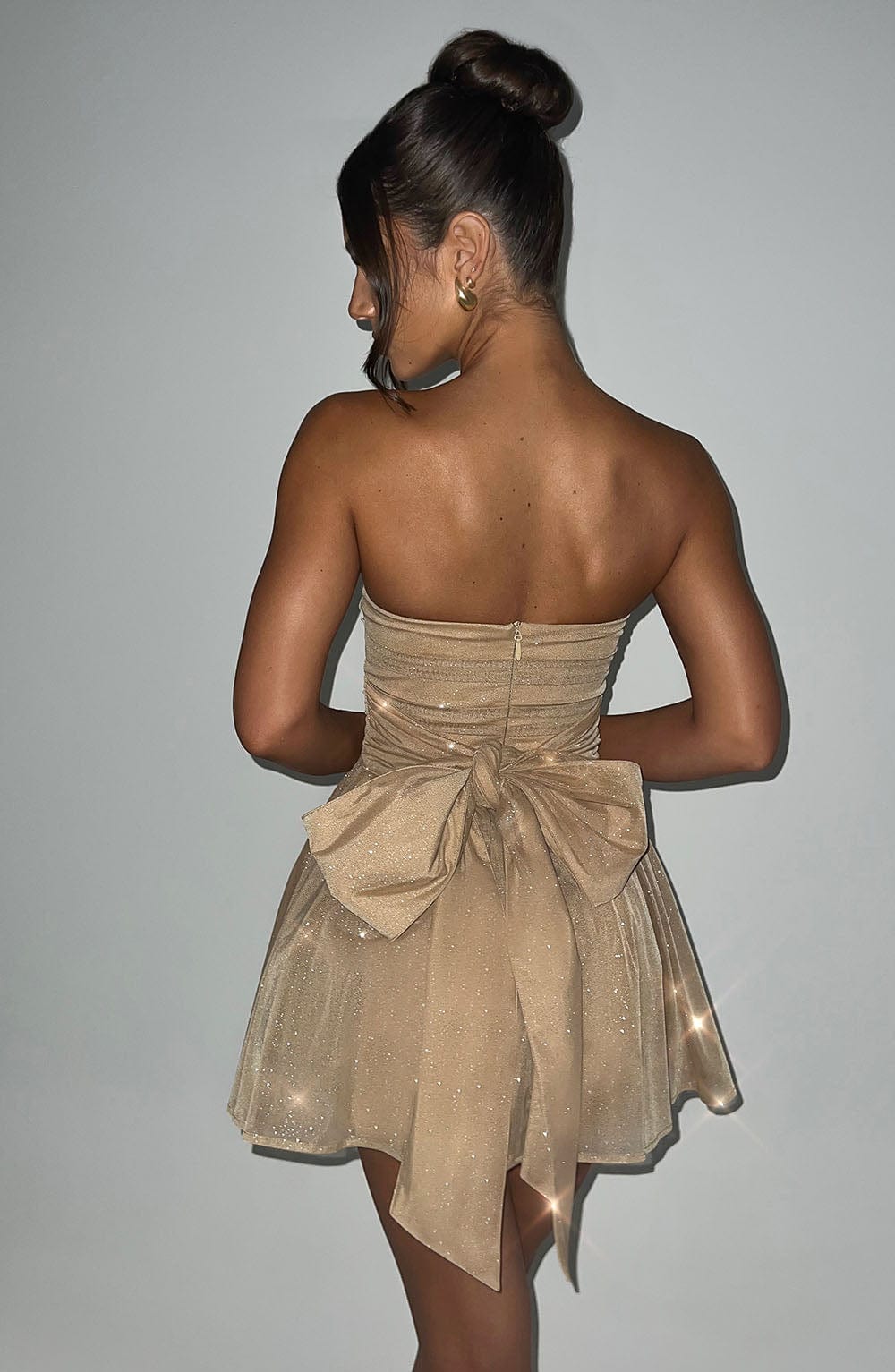 Party Dress - Strapless Back Tie Mini Sparkly Gold Glitter Dress-Fashion Nora