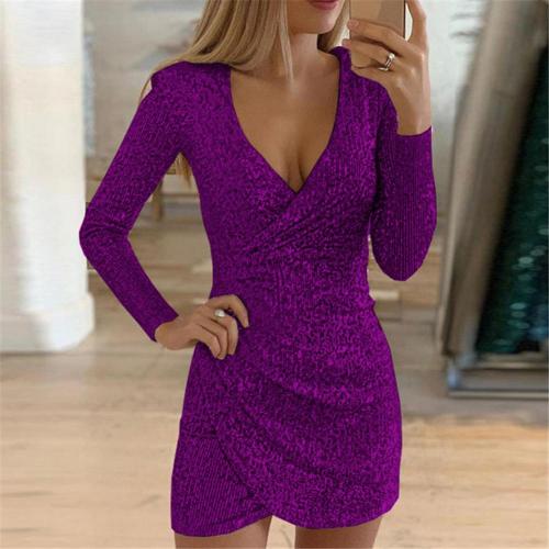 Party Dress - Women's Long Sleeve V-Neck Mini Glitter Sequin Dress-Fashion Nora