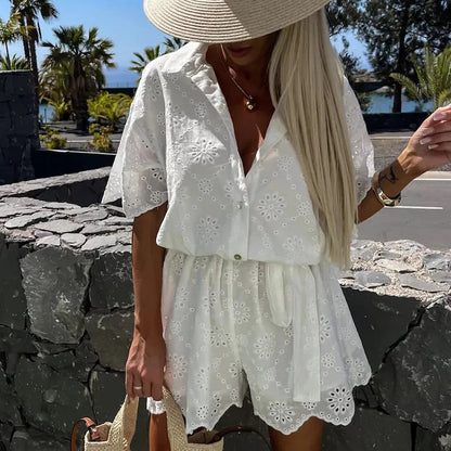 Playsuit - Women's White Short Sleeve Lace Jumpsuit for Summer-Fashion Nora