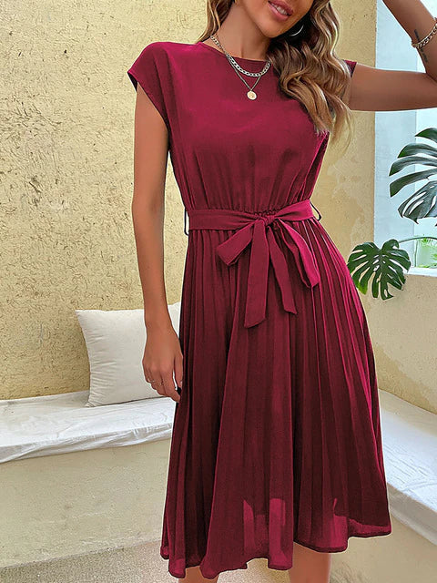 Pleated Dress - Women's Short Sleeve Knee Length Tie Waist Dress for Summer-Fashion Nora