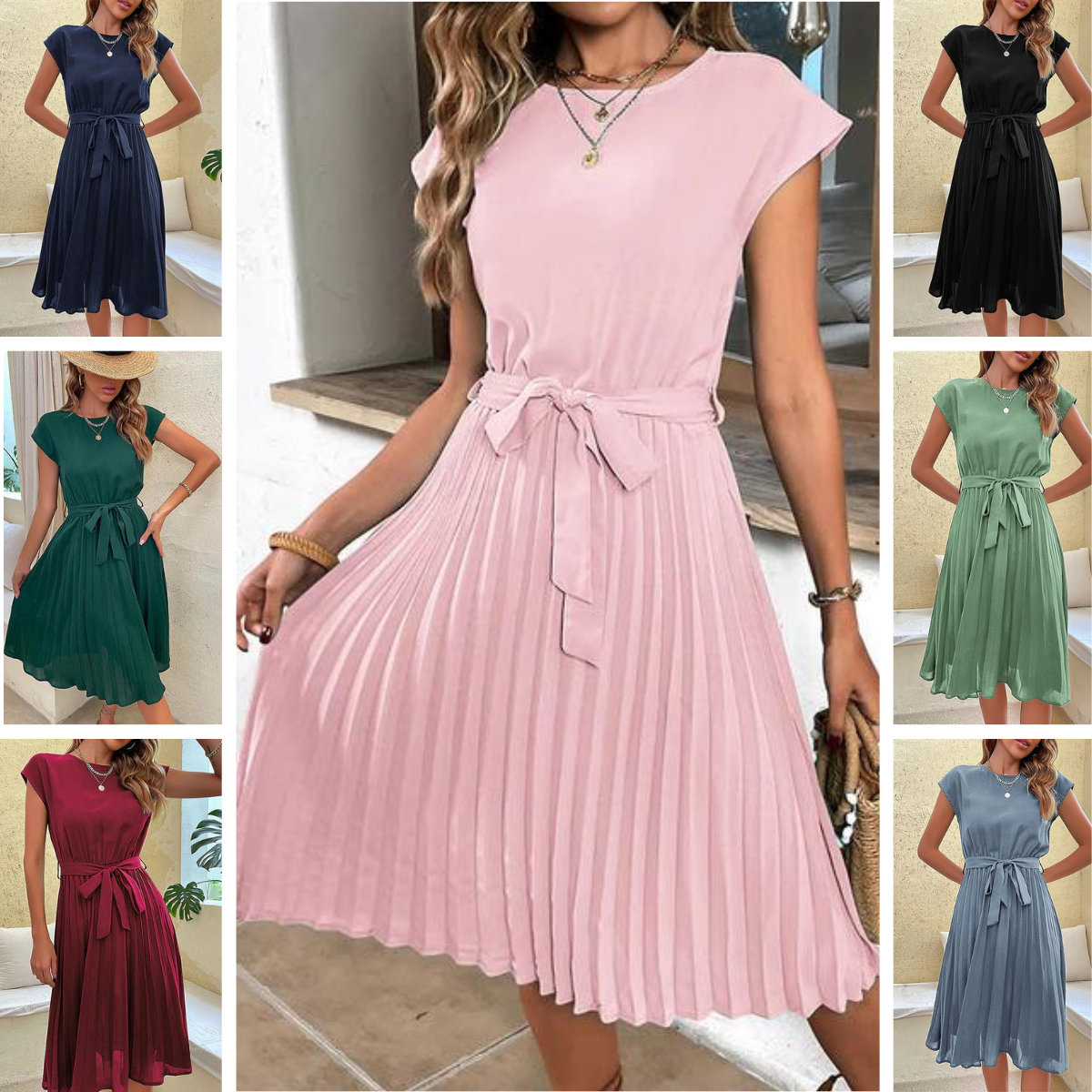 Pleated Dress - Women's Short Sleeve Knee Length Tie Waist Dress for Summer-Fashion Nora