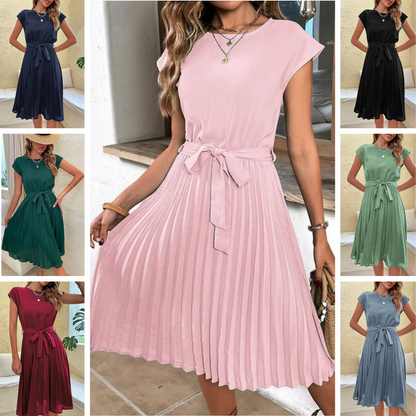 Pleated Dress - Women's Short Sleeve Knee Length Tie Waist Dress for Summer-Fashion Nora