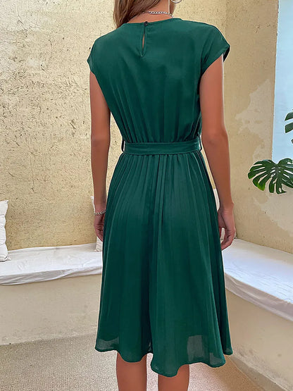Pleated Dress - Women's Short Sleeve Knee Length Tie Waist Dress for Summer-Fashion Nora