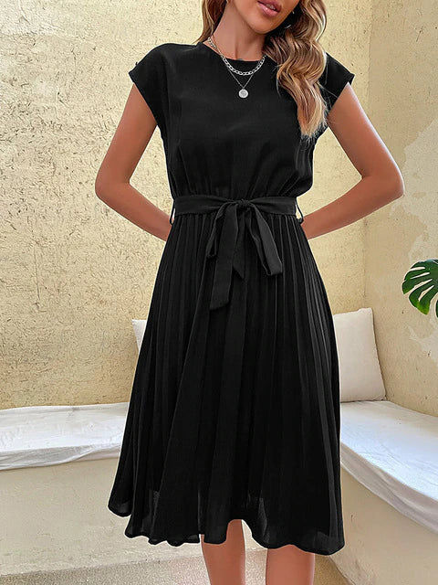 Pleated Dress - Women's Short Sleeve Knee Length Tie Waist Dress for Summer-Fashion Nora