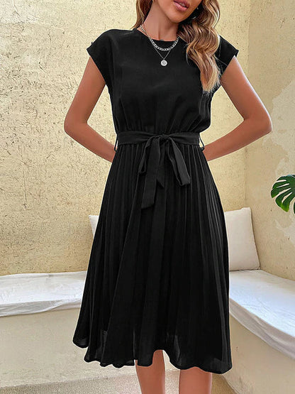Pleated Dress - Women's Short Sleeve Knee Length Tie Waist Dress for Summer-Fashion Nora