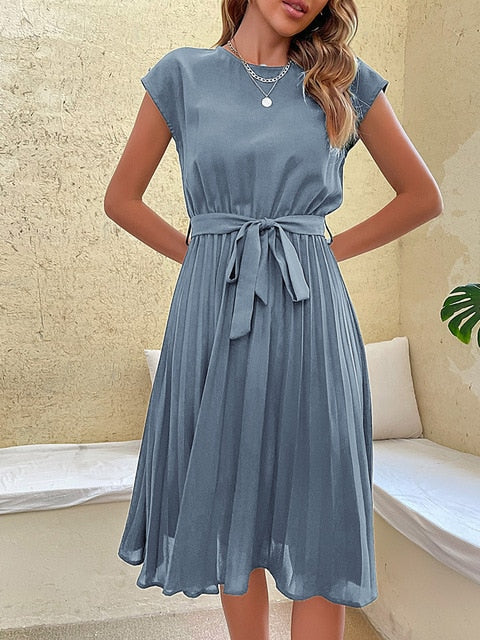 Pleated Dress - Women's Short Sleeve Knee Length Tie Waist Dress for Summer-Fashion Nora