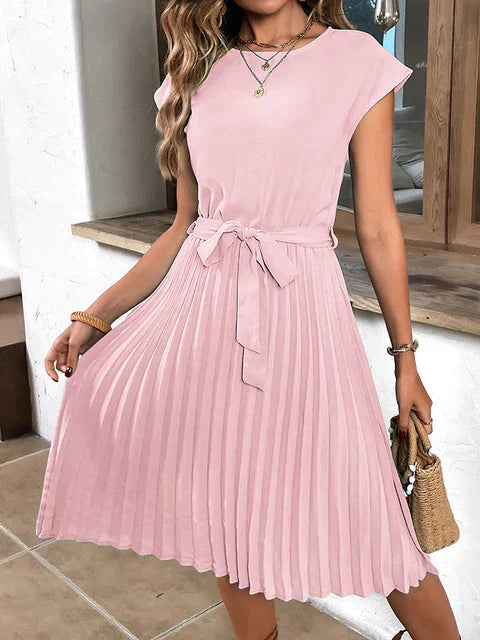 Pleated Dress - Women's Short Sleeve Knee Length Tie Waist Dress for Summer-Fashion Nora