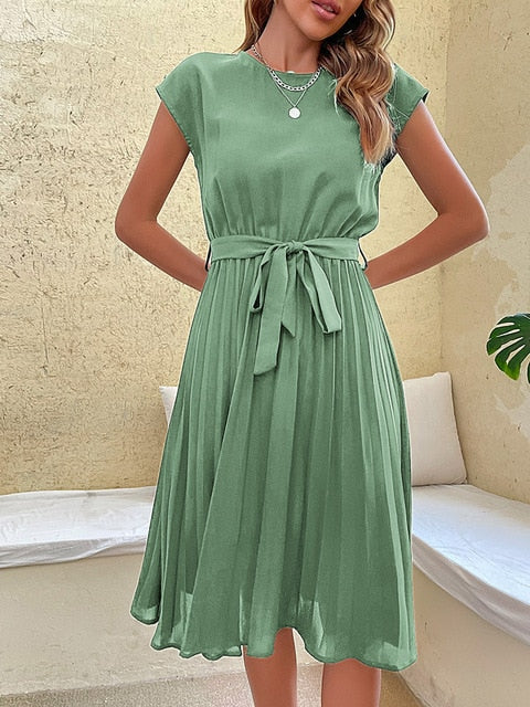 Pleated Dress - Women's Short Sleeve Knee Length Tie Waist Dress for Summer-Fashion Nora