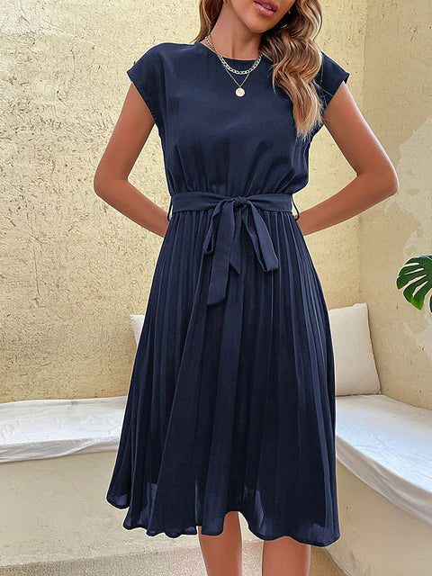 Pleated Dress - Women's Short Sleeve Knee Length Tie Waist Dress for Summer-Fashion Nora