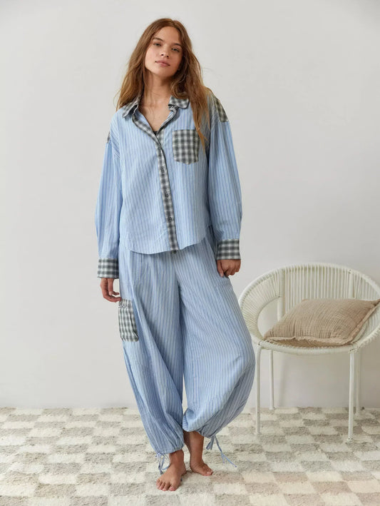 Pyjama Set - Long Sleeve - Button-Up - Plaid Pyjama - Women's Sleepwear-Fashion Nora