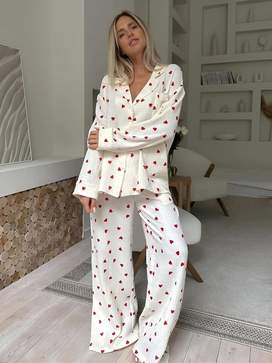 Pyjama Set - Women's Linen Long Sleeve Heart Print Pyjamas Sleepwear-Fashion Nora