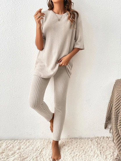 Ribbed Lounge Set - Short Sleeve - Ribbed Leggings - Knitted Co-Ord - Women's Loungewear-Fashion Nora