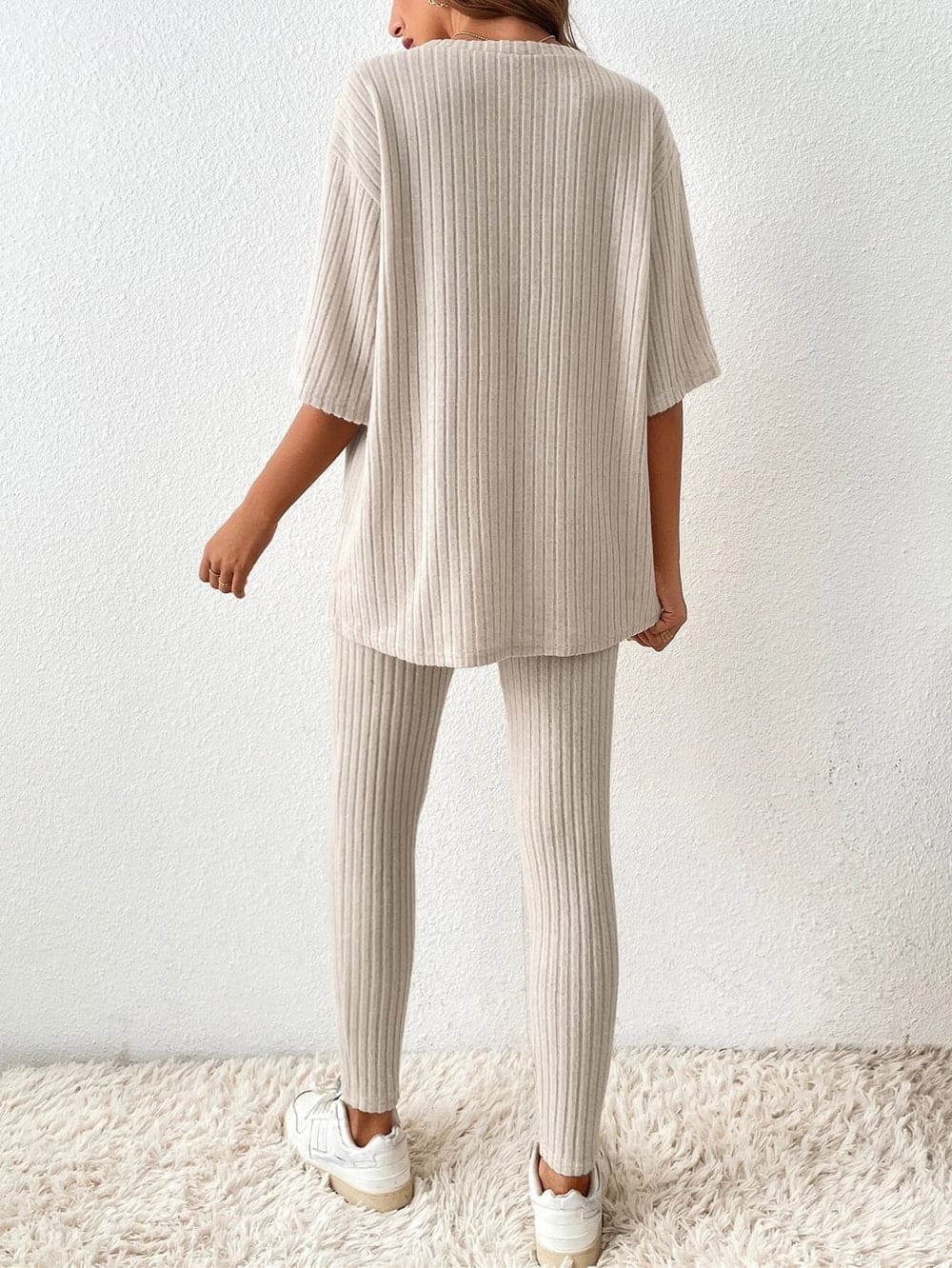 Ribbed Lounge Set - Short Sleeve - Ribbed Leggings - Knitted Co-Ord - Women's Loungewear-Fashion Nora