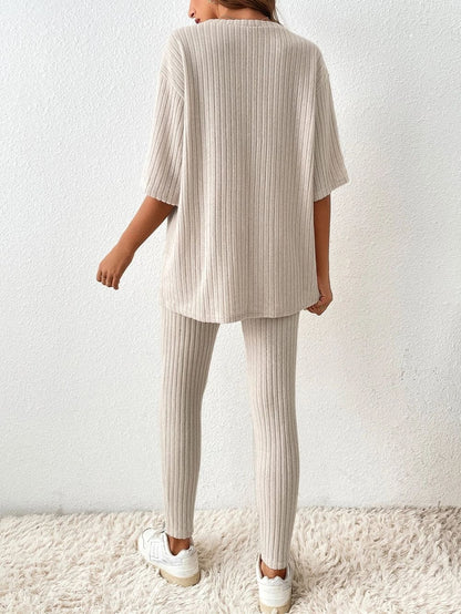 Ribbed Lounge Set - Short Sleeve - Ribbed Leggings - Knitted Co-Ord - Women's Loungewear-Fashion Nora