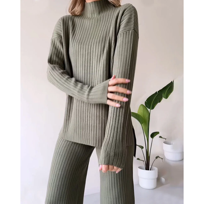 Ribbed Two-Piece Set | Turtleneck | Wide Leg | Co-Ord Set | Women's Loungewear-Fashion Nora