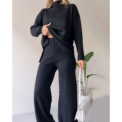 Ribbed Two-Piece Set | Turtleneck | Wide Leg | Co-Ord Set | Women's Loungewear-Fashion Nora