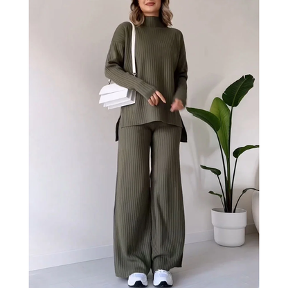 Ribbed Two-Piece Set | Turtleneck | Wide Leg | Co-Ord Set | Women's Loungewear-Fashion Nora
