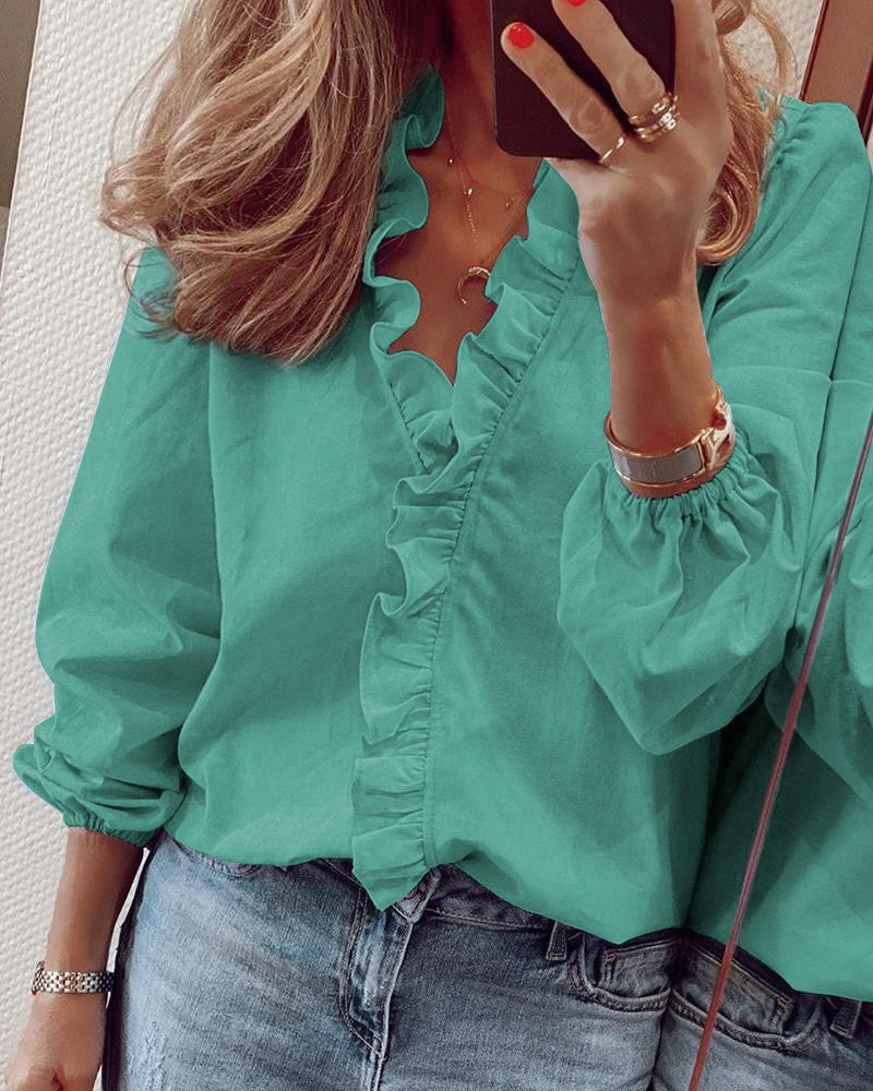 Ruffle Blouse - Elegant - Long Sleeve - V-Neck Blouse - Women's Shirts-Fashion Nora