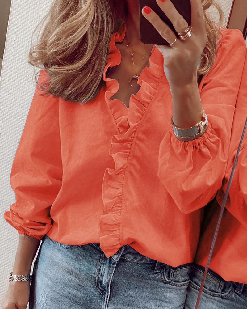 Ruffle Blouse - Elegant - Long Sleeve - V-Neck Blouse - Women's Shirts-Fashion Nora