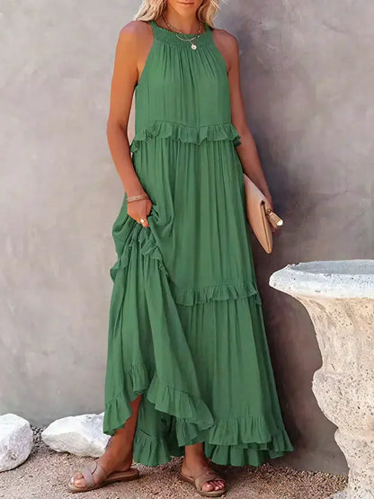 Ruffle Maxi Dress | Halter Neck | Sleeveless | Flowy Dress | Maxi Sundress-Fashion Nora
