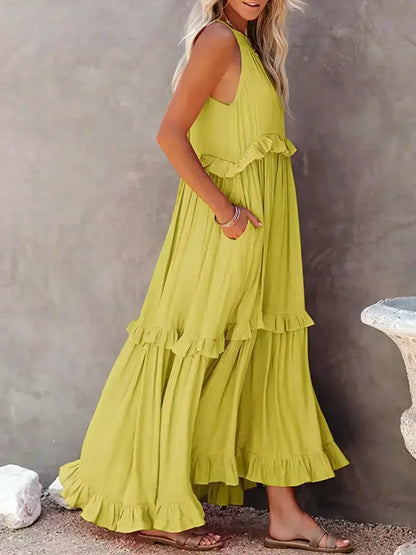 Ruffle Maxi Dress | Halter Neck | Sleeveless | Flowy Dress | Maxi Sundress-Fashion Nora