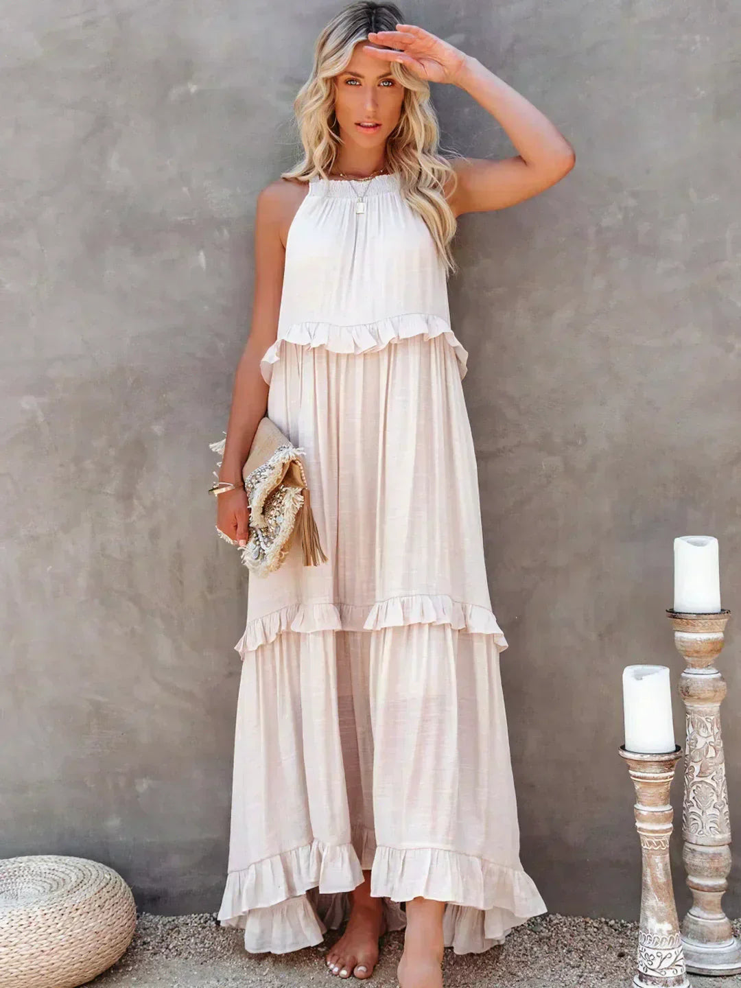 Ruffle Maxi Dress | Halter Neck | Sleeveless | Flowy Dress | Maxi Sundress-Fashion Nora
