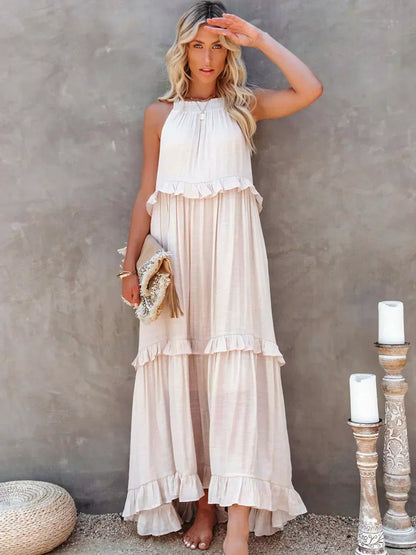 Ruffle Maxi Dress | Halter Neck | Sleeveless | Flowy Dress | Maxi Sundress-Fashion Nora