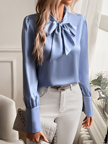 Satin Blouse | Long Sleeve | Lantern Sleeve | Tie Neck Blouse | Women's Blouse-Fashion Nora