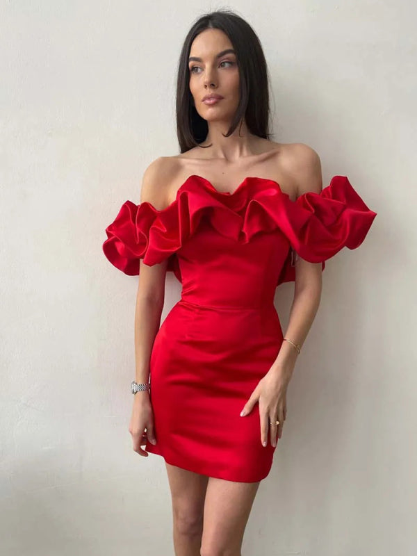 Satin Dress - Ruffle - Mini - Off-Shoulder Dress - Party Dress-Fashion Nora