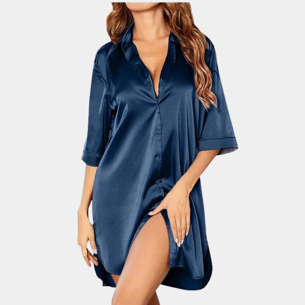 Satin Nightgown - Button-Up - Short Sleeve - Satin Nightdress - Women's Sleepwear-Fashion Nora