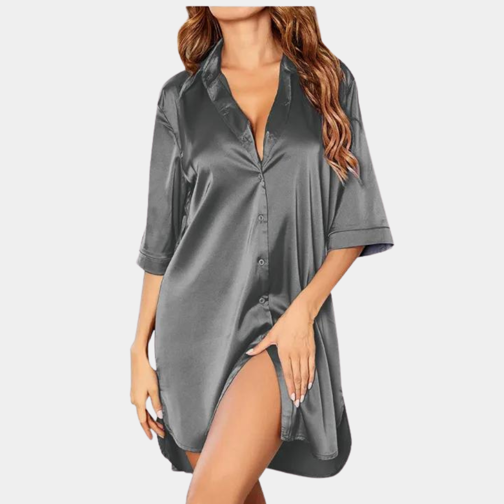 Satin Nightgown - Button-Up - Short Sleeve - Satin Nightdress - Women's Sleepwear-Fashion Nora